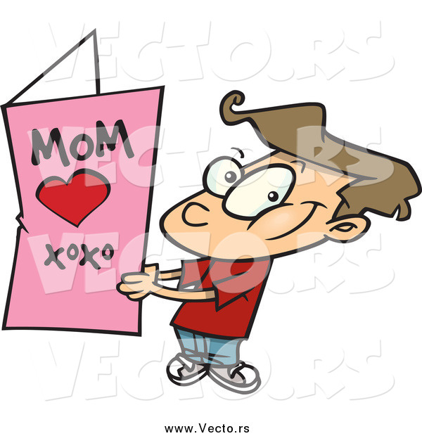 Vector of a Cartoon Brunette White Boy Holding a Mothers Day Card