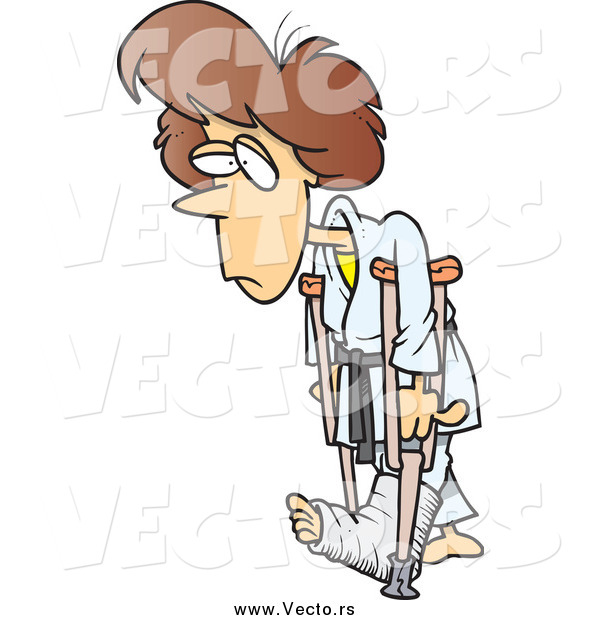 Vector of a Cartoon Brunette White Judo Woman with Crutches