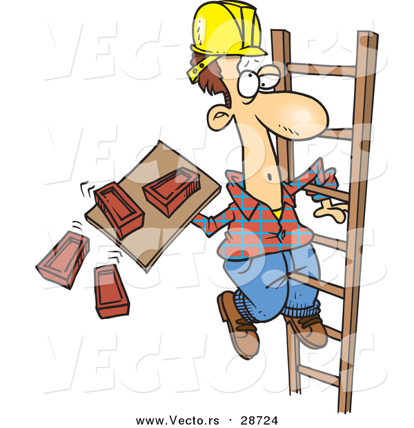 Vector of a Cartoon Brunette White Mason Carrying Bricks on a Ladder