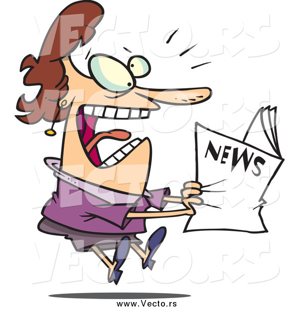 Vector of a Cartoon Brunette White Woman Reading Exciting News