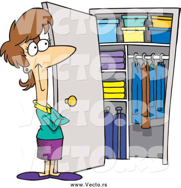 Vector of a Cartoon Brunette White Woman with a Clean Closet