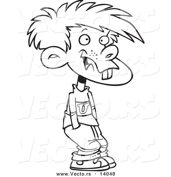 Vector of a Cartoon Buck Toothed Boy with His Hands in His Pockets - Coloring Page Outline