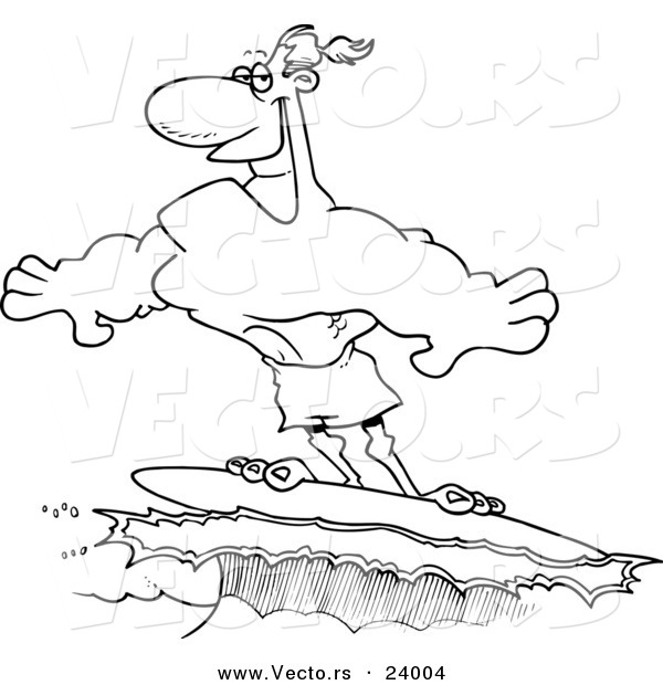 Vector of a Cartoon Buff Surfer Riding a Wave - Coloring Page Outline