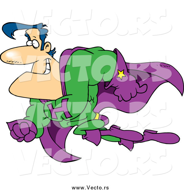 Vector of a Cartoon Buff White Male Super Hero in Green and Purple