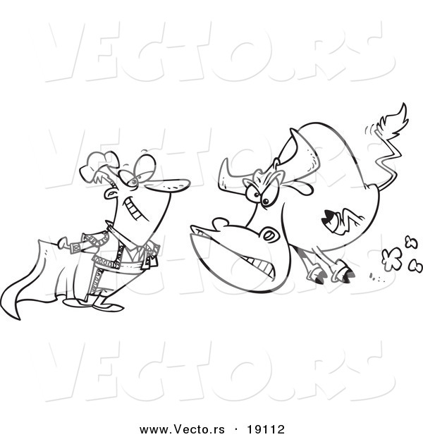 Vector of a Cartoon Bull Charging a Matador - Outlined Coloring Page