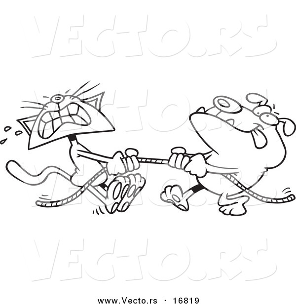 Vector of a Cartoon Bull Dog and Cat Playing Tug of War - Coloring Page Outline