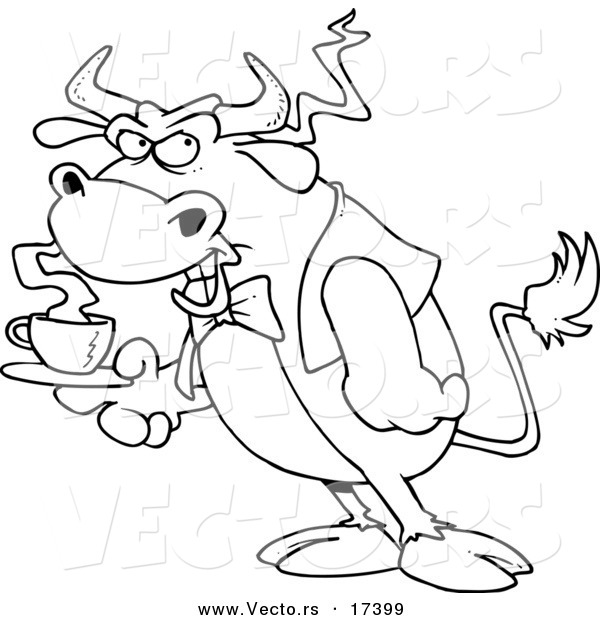 Vector of a Cartoon Bull Waiter Serving Coffee - Coloring Page Outline
