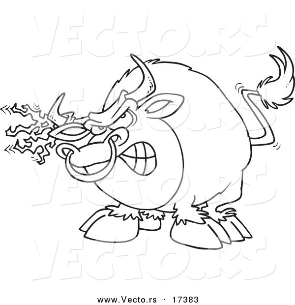Vector of a Cartoon Bull with Torn Fabric on His Horn - Coloring Page Outline