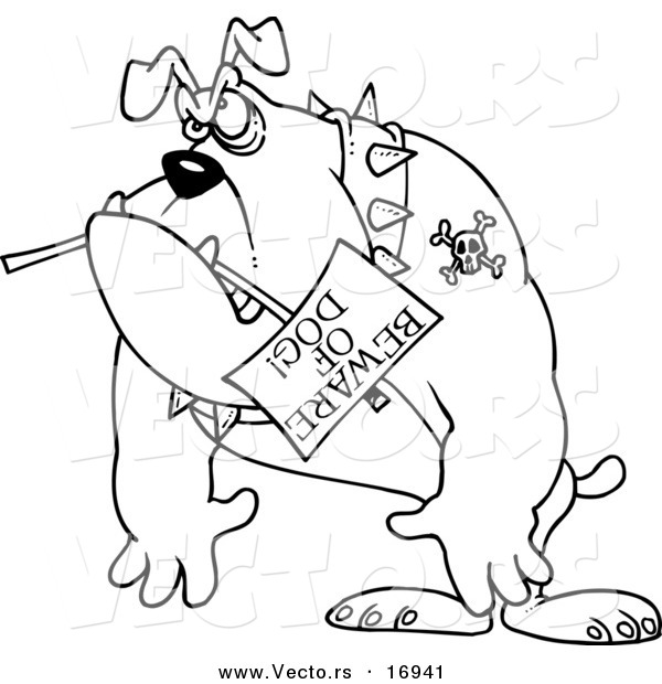 Vector of a Cartoon Bulldog Carrying a Beware of Dog Sign - Coloring Page Outline