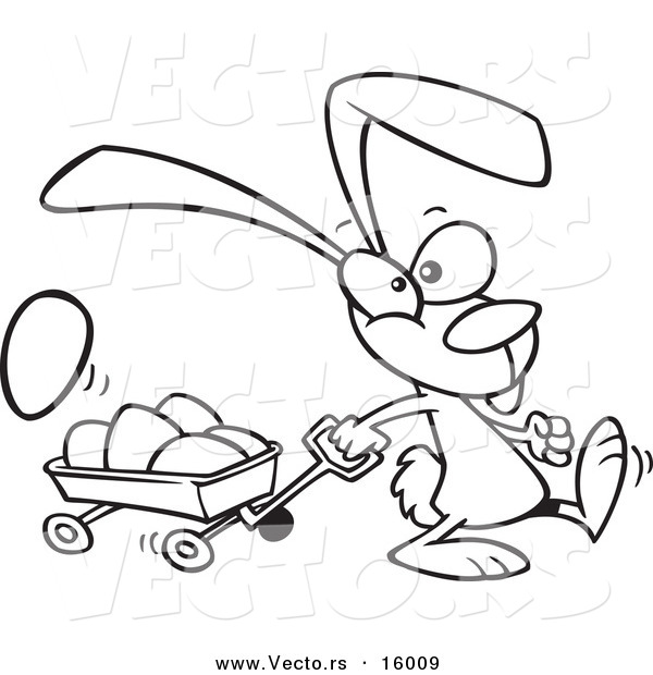 Vector of a Cartoon Bunny Pulling a Wagon of Easter Eggs - Outlined Coloring Page Drawing