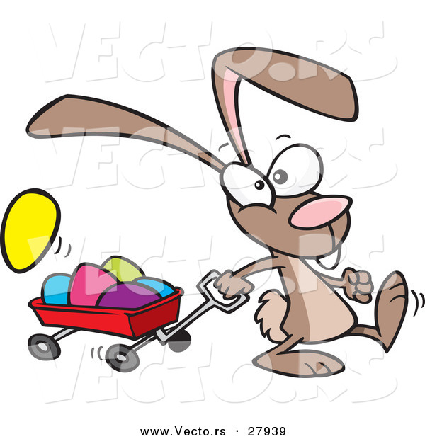Vector of a Cartoon Bunny Rabbit Pulling a Red Wagon Full of Painted Easter Eggs