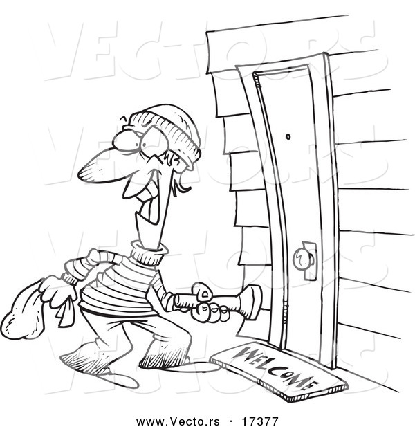 Vector of a Cartoon Burglar at a Door - Coloring Page Outline