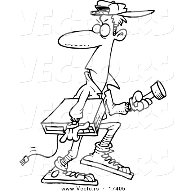 Vector of a Cartoon Burglar Carrying an Electronic Device - Coloring Page Outline