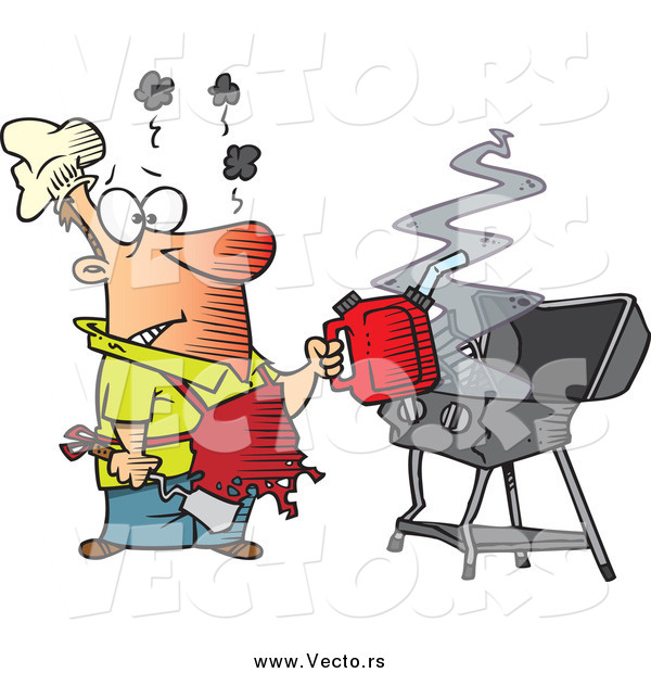 Vector of a Cartoon Burnt Man Using a Gas Can to Ignite His Bbq
