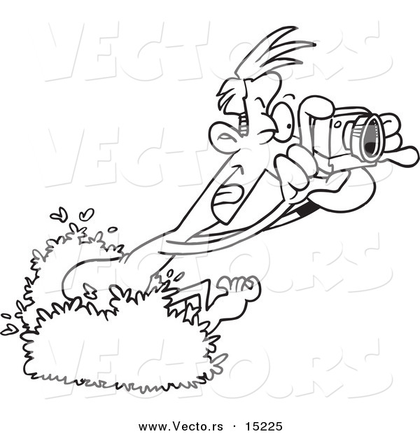 Vector of a Cartoon Bush and Taking Pictures - Coloring Page Outline