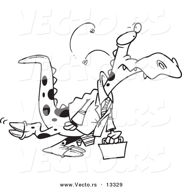 Vector of a Cartoon Business Dinosaur Carrying a Briefcase - Coloring Page Outline