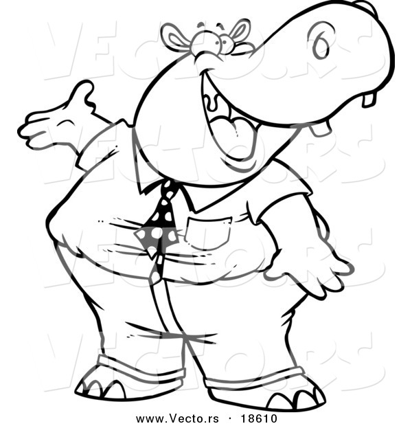 Vector of a Cartoon Business Hippo Presenting - Outlined Coloring Page