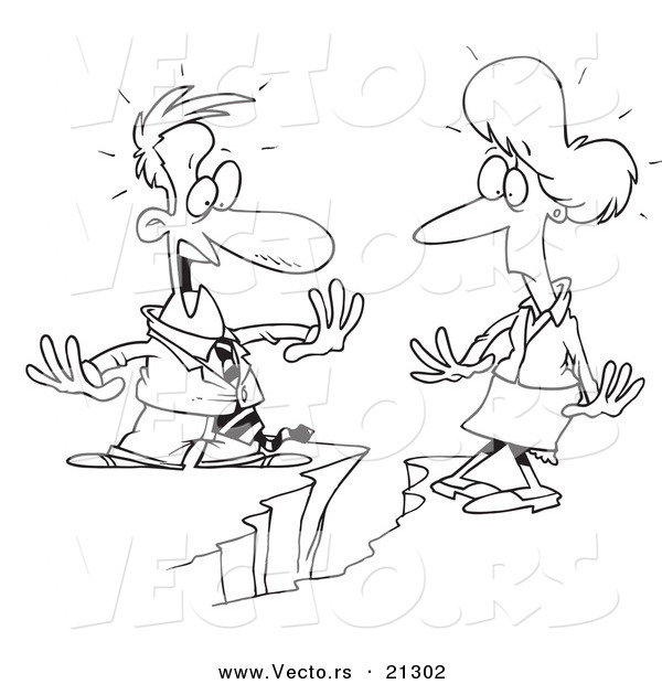 Vector of a Cartoon Business Man and Woman Being Divided by a Chasm - Outlined Coloring Page