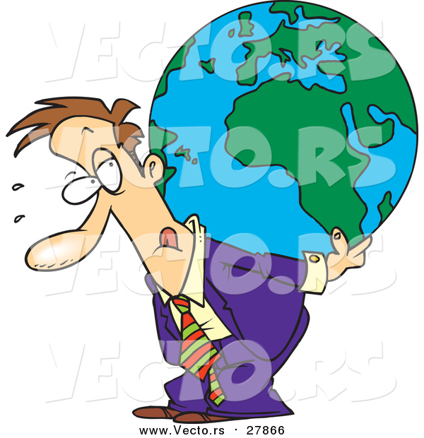 Vector of a Cartoon Business Man Carrying a Burden Globe on His Back