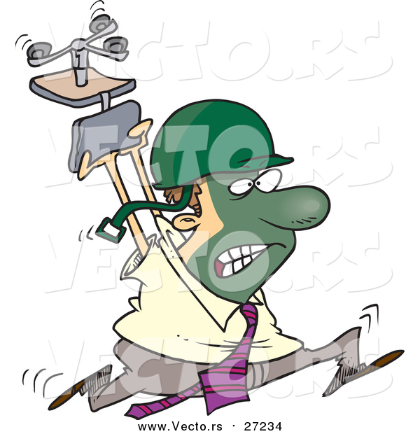 Vector of a Cartoon Business Man Running Through the Office with Face Paint, a Helmet and Chair Above His Head