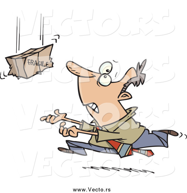 Vector of a Cartoon Business Man Rushing to Catch a Falling Fragile Box