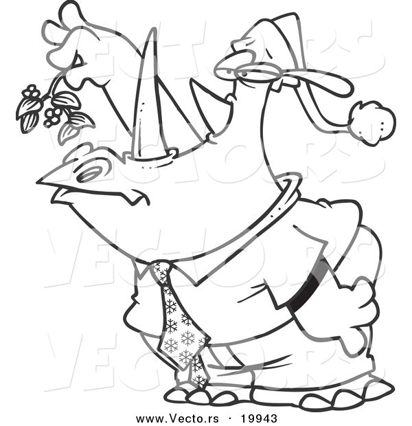 Vector of a Cartoon Business Rhino Holding Mistletoe and Puckering - Outlined Coloring Page