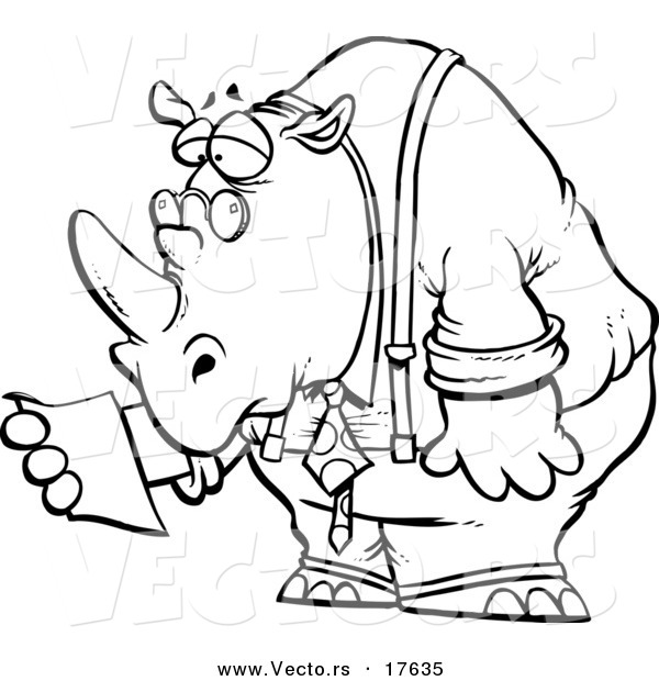 Vector of a Cartoon Business Rhino Reading a Memo - Coloring Page Outline
