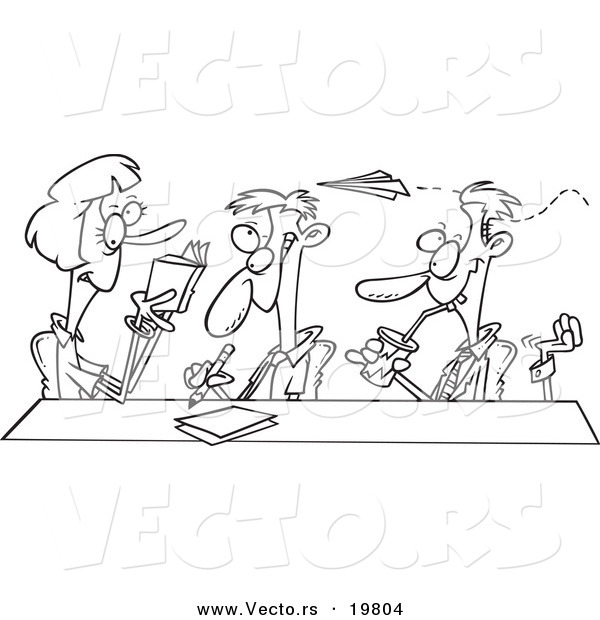 Vector of a Cartoon Business Team Clowning Around in a Meeting - Outlined Coloring Page