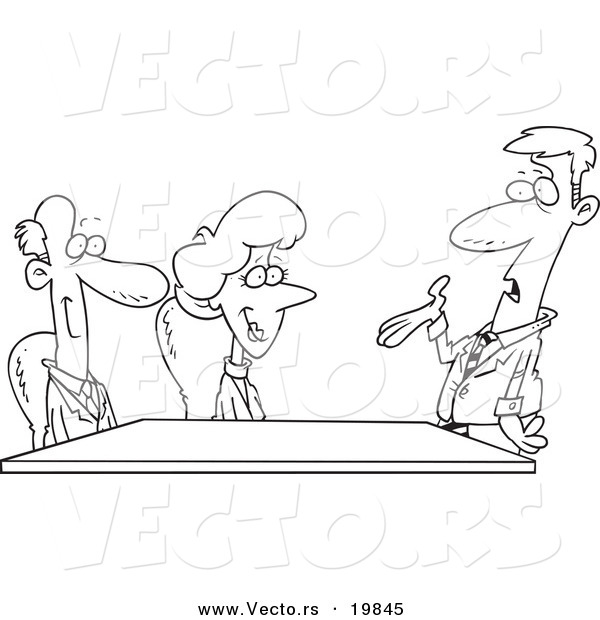 Vector of a Cartoon Business Team in a Meeting - Outlined Coloring Page