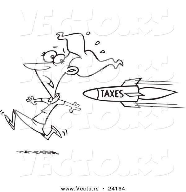 Vector of a Cartoon Business Woman Running from a Tax Rocket - Coloring Page Outline