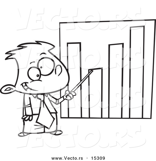 Vector of a Cartoon Businessboy Pointing to a Bar Graph - Coloring Page Outline