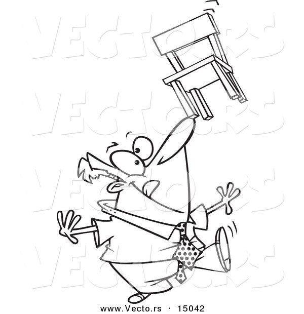 Vector of a Cartoon Businessman Balancing a Chair on His Nose - Coloring Page Outline