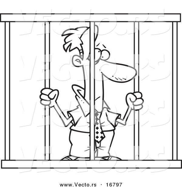 Vector of a Cartoon Businessman Behind Bars - Coloring Page Outline