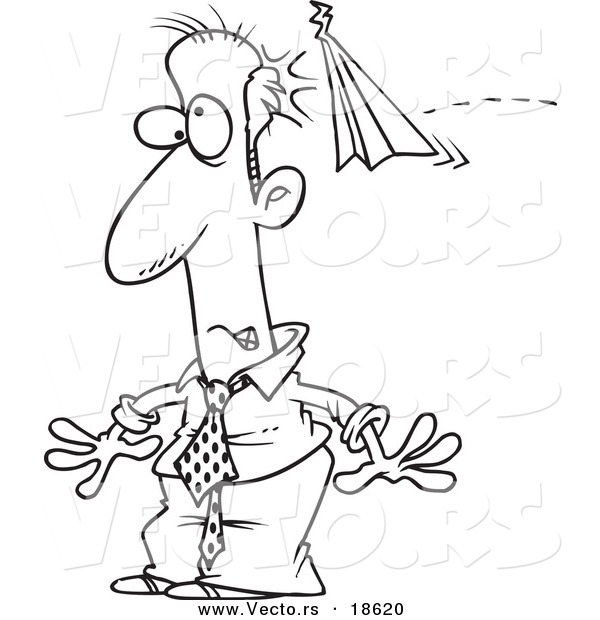 Vector of a Cartoon Businessman Being Bonked with a Paper Plane - Outlined Coloring Page