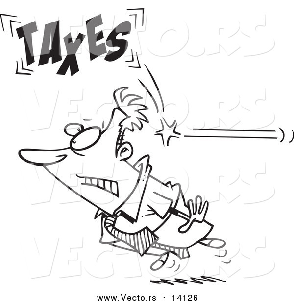 Vector of a Cartoon Businessman Being Hit from Behind with Taxes - Coloring Page Outline