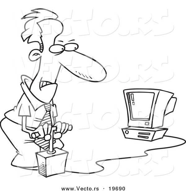 Vector of a Cartoon Businessman Blowing up His Computer with Dynamite - Outlined Coloring Page