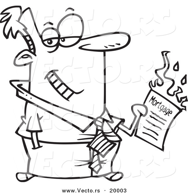 Vector of a Cartoon Businessman Burning up His Mortgage - Outlined Coloring Page