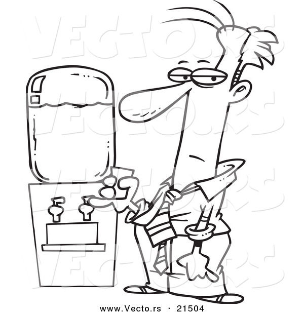 Vector of a Cartoon Businessman by a Water Cooler - Outlined Coloring Page