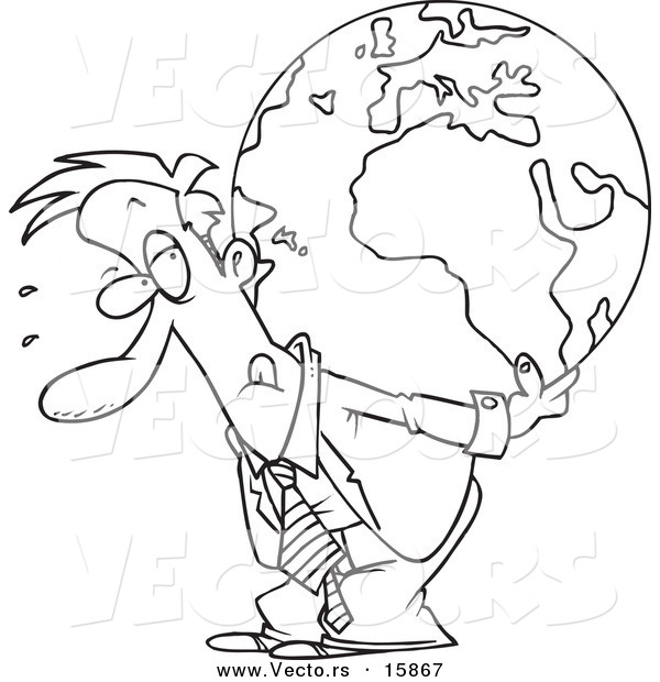 Vector of a Cartoon Businessman Carrying a Burden Globe on His Back - Outlined Coloring Page Drawing