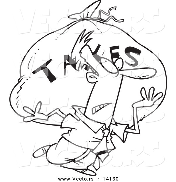 Vector of a Cartoon Businessman Carrying a Huge Bag of Money for Taxes - Coloring Page Outline
