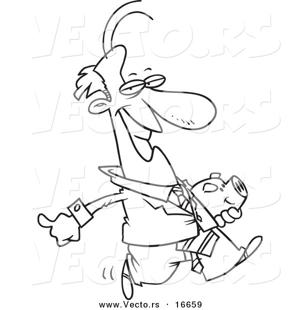 Vector of a Cartoon Businessman Carrying a Piggy Bank - Outlined Coloring Page Drawing