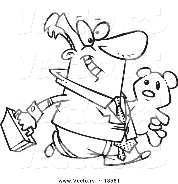 Vector of a Cartoon Businessman Carrying His Teddy Bear to Work - Coloring Page Outline
