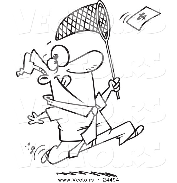 Vector of a Cartoon Businessman Chasing Money with a Net - Outlined Coloring Page