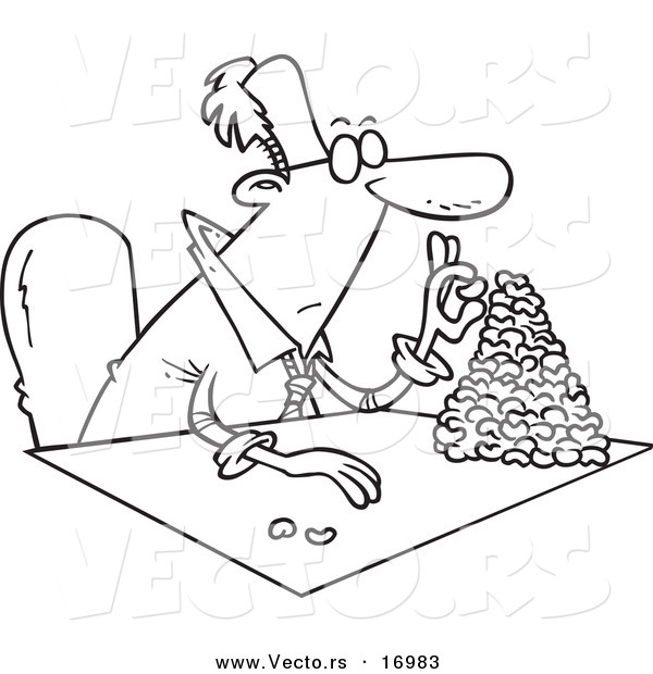 Vector of a Cartoon Businessman Counting His Beans - Coloring Page Outline