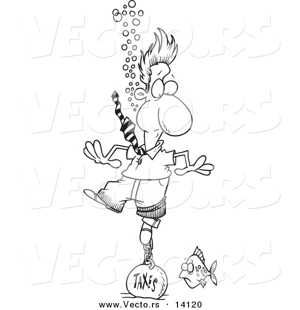 Vector of a Cartoon Businessman Drowning in Taxes - Coloring Page Outline