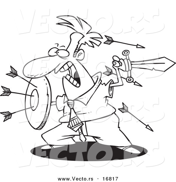 Vector of a Cartoon Businessman Engaged in a Battle - Coloring Page Outline