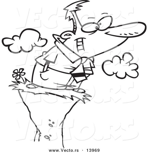 Vector of a Cartoon Businessman Enjoying a View on a High Cliff - Coloring Page Outline