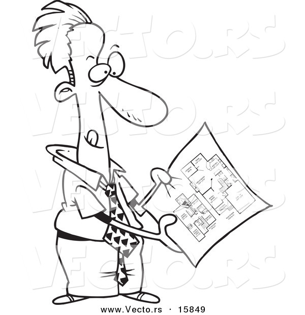 Vector of a Cartoon Businessman Examining Blueprints - Outlined Coloring Page Drawing