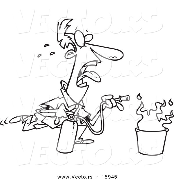 Vector of a Cartoon Businessman Extinguishing a Fire - Outlined Coloring Page Drawing