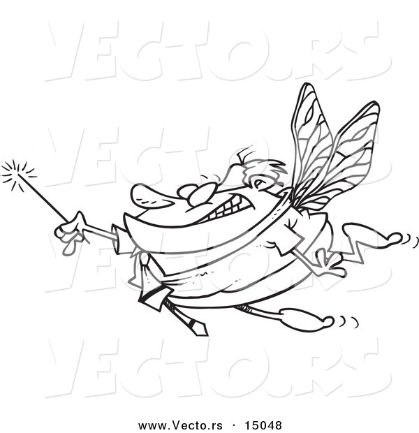 Vector of a Cartoon Businessman Fairy Holding a Magic Wand - Coloring Page Outline